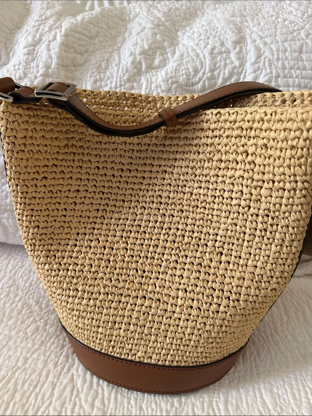 Michael Kors Natural Straw Bucket Shoulder Bag with Brown Leather Trim